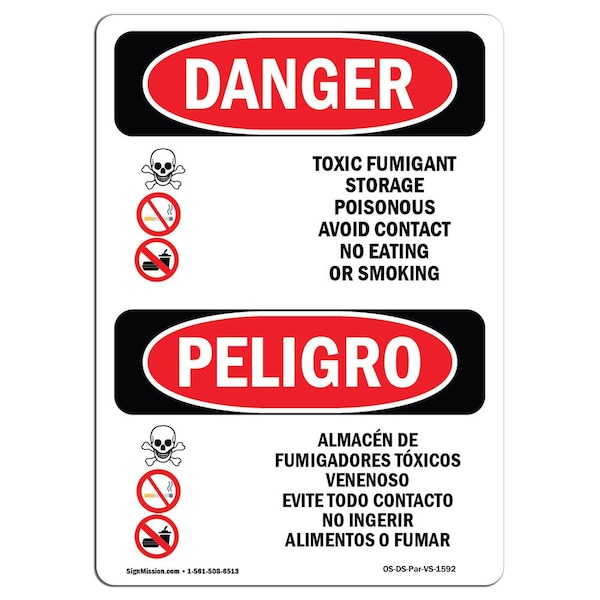Safety Sign, OSHA, 5" Height, Toxic Fumigant Storage Poisonous Spanish, 10PK